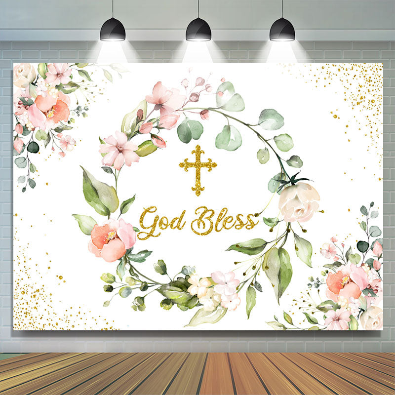 Lofaris Pink Floral Gold God Bless Baby Shower Backdrop Banner