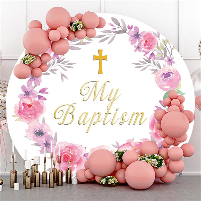 Lofaris Pink Floral Gold My Baptism Round Baby Shower Backdrop