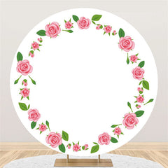 Lofaris Pink Floral Green Leaves Round White Wedding Backdrop