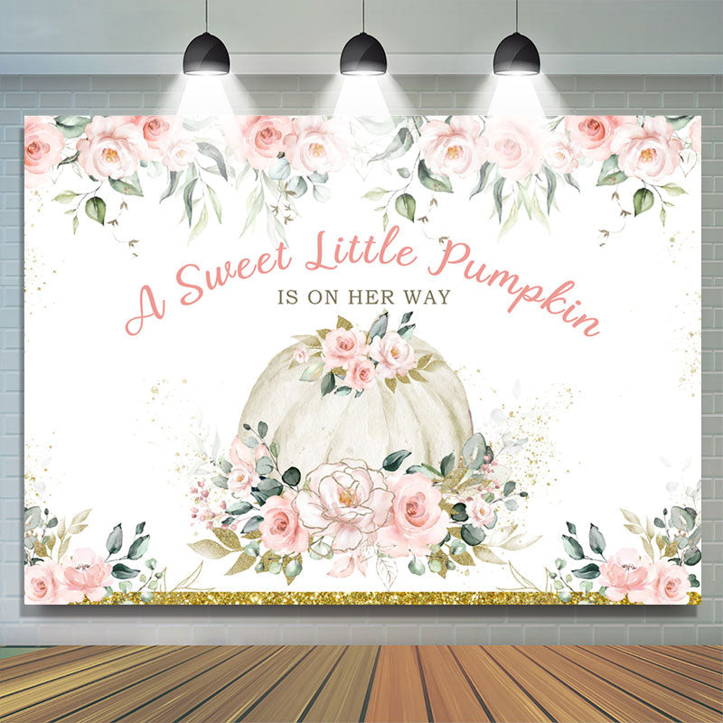 Lofaris Pink Floral White Pumpkin Glitter Baby Shower Backdrop