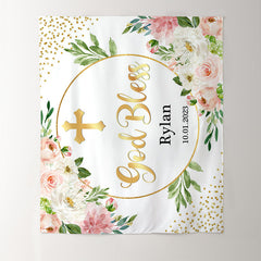 Lofaris Pink Floral Wreath God Bless Gold Glitter Baptism Backdrop