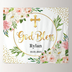 Lofaris Pink Floral Wreath God Bless Gold Glitter Baptism Backdrop