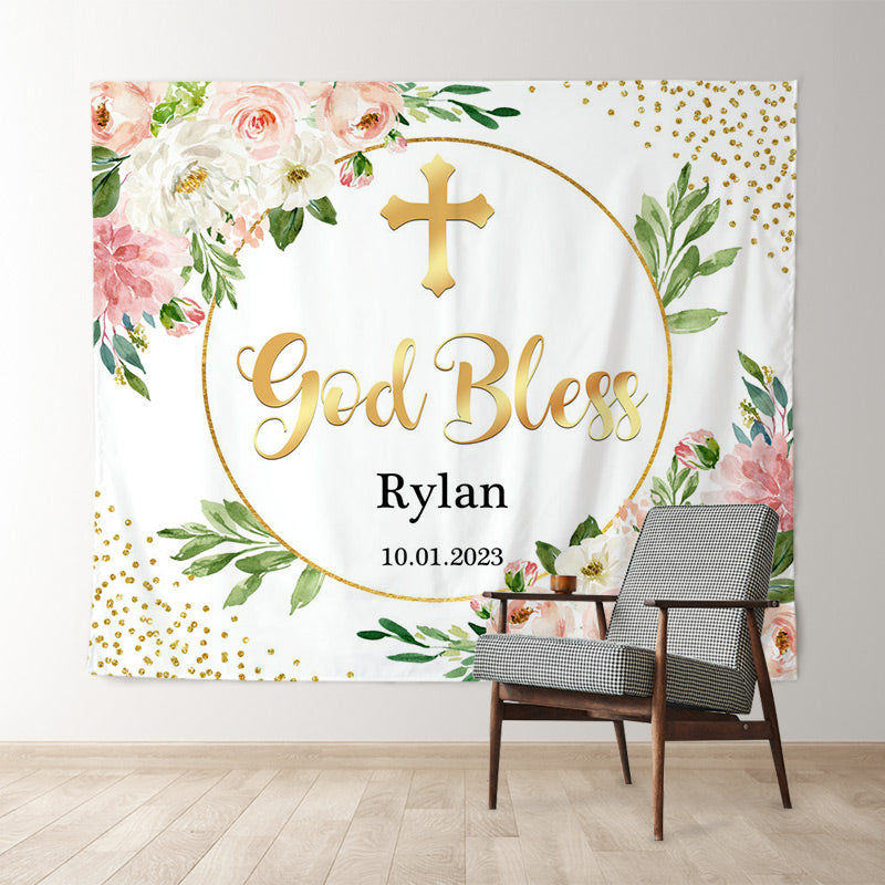 Lofaris Pink Floral Wreath God Bless Gold Glitter Baptism Backdrop