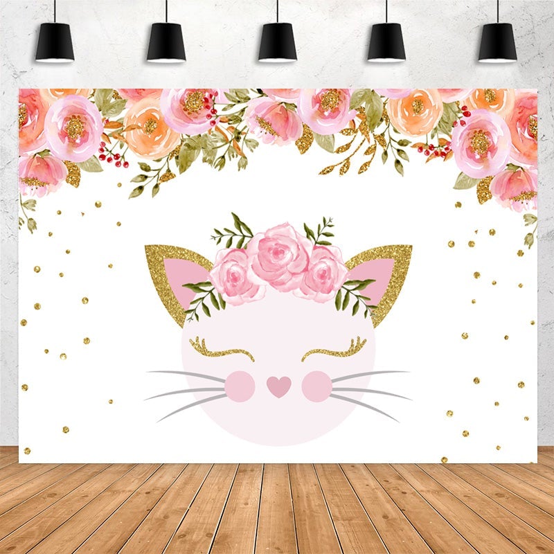 Lofaris Pink Flower And Cat Happy Birthday Backdrop For Girl