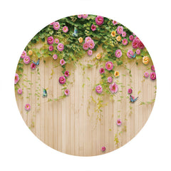 Lofaris Pink Flower And Wooden Happy Birthday Circle Backdrop