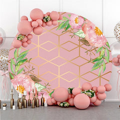 Lofaris Pink Flowers And Leaves Golden Lines Round Backdrop