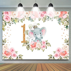 Lofaris Pink Flowers Elephant Theme Happy 1St Birthday Backdrop