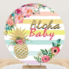 Lofaris Pink Flroal Stripes And Pineapple Baby Shower Backdrop