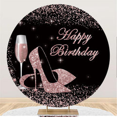 Lofaris Pink Glitter Heels Black Round Happy Birthday Backdrop