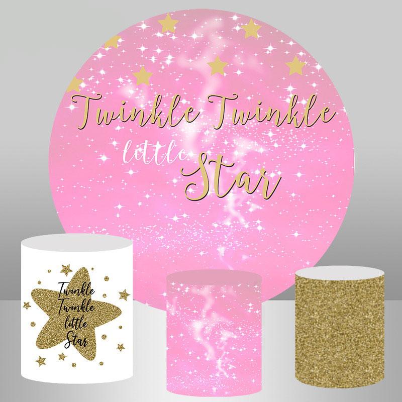 Lofaris Pink Glitter Twinkle Star Theme Round Birthday Backdrop