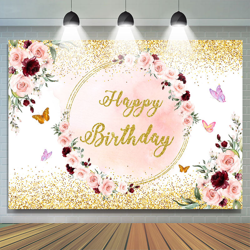 Lofaris Pink Gloden Floral Butterfly Happy Birthday Backdrop