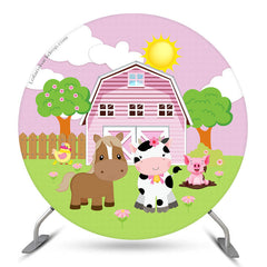 Lofaris Pink House And Animals Circle Baby Shower Backdrop