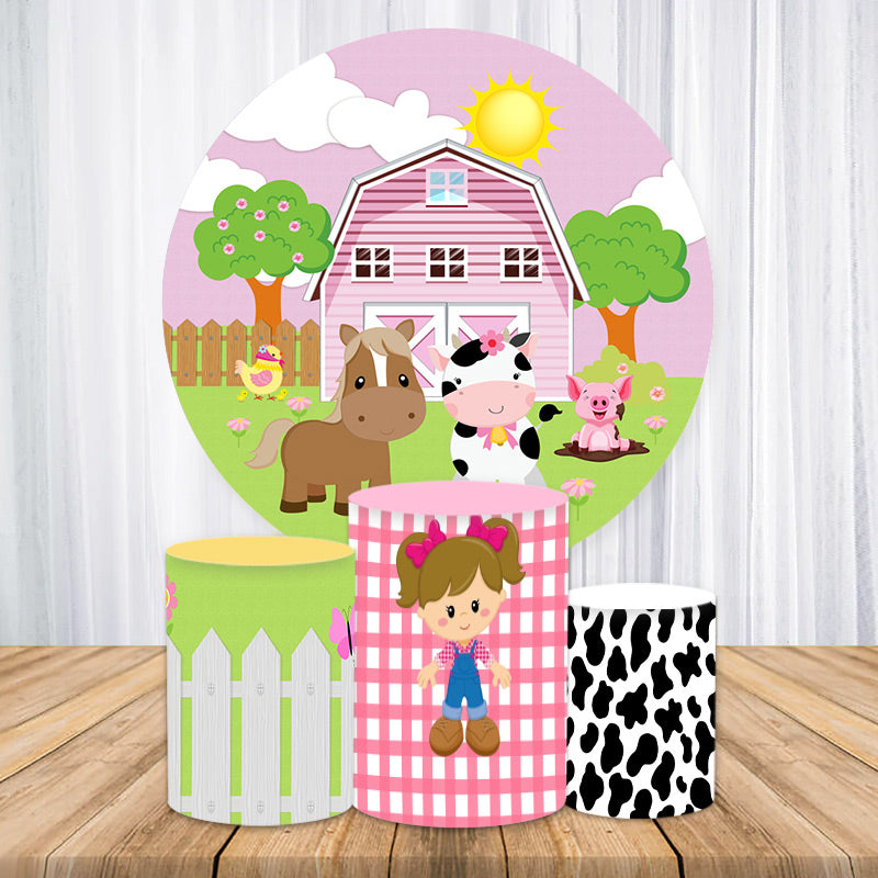 Lofaris Pink House And Animals Circle Baby Shower Backdrop