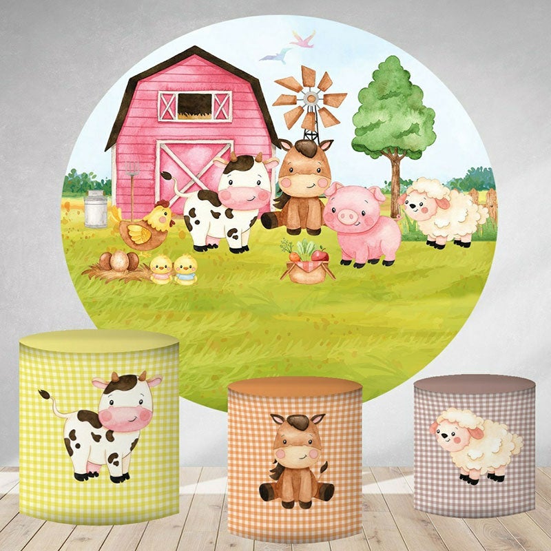 Lofaris Pink House And Animals Round Happy Birthday Backdrop