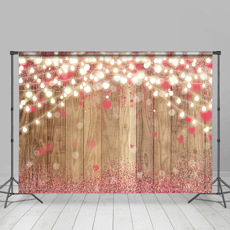 Lofaris Pink Love Glitter Bokeh Light Wood Valentines Backdrop