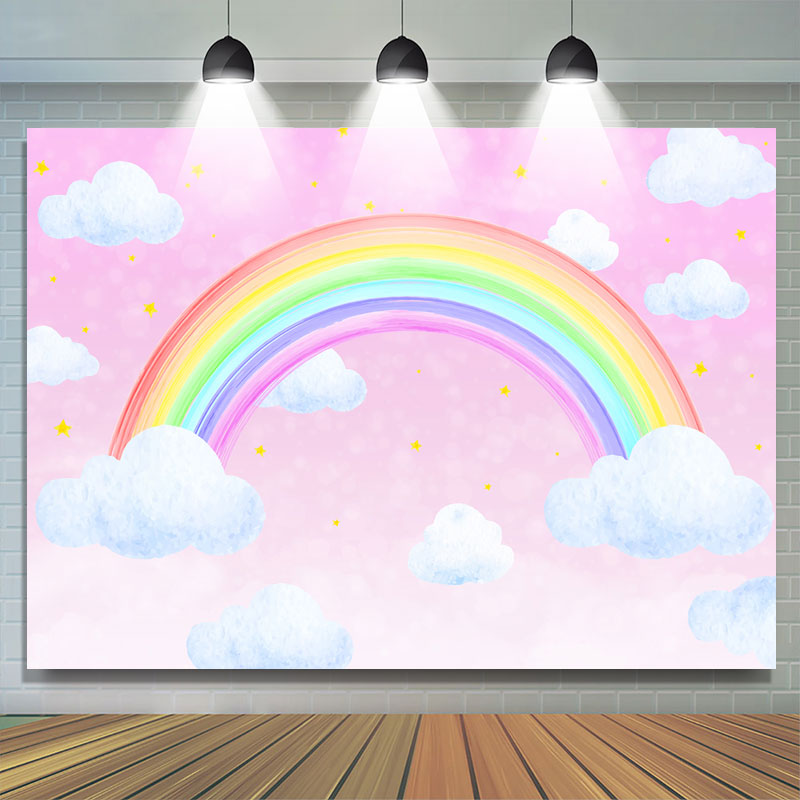 Lofaris Pink Rainbow Sky Sloud Star Girl Birthday Party Backdrop