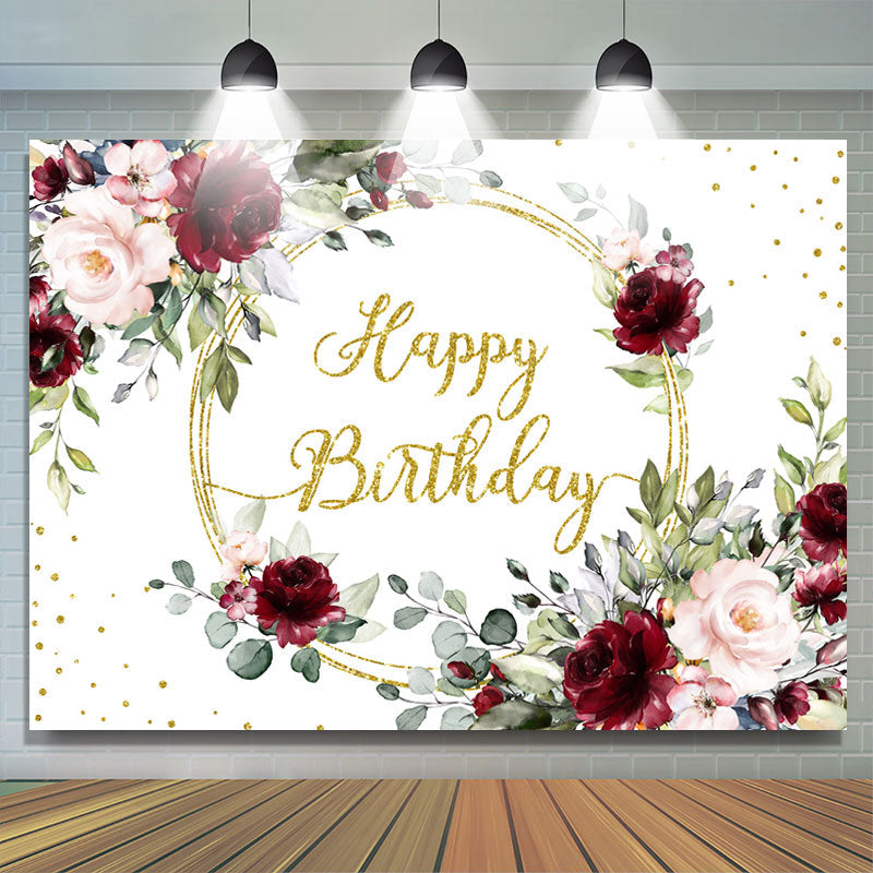 Lofaris Pink Red Floral Glitter Happy Birthday Party Backdrop