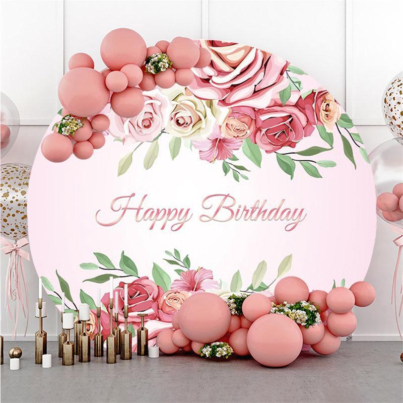 Lofaris Pink Rose Circle Happy Birthday Backdrop For Party