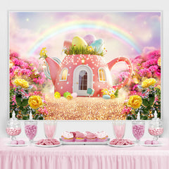 Lofaris Pink Teapot Rainbow Glitter And Floral Spring Backdrop
