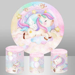 Lofaris Pink Unicorn Rainbow Round Happy Birthday Backdrop