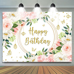 Lofaris Pink White Floral Gold Glitter Happy Birthday Backdrop