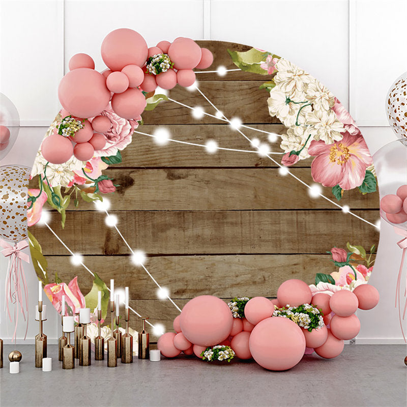 Lofaris Pink White Floral Round Wood Backdrop For Wedding Banner