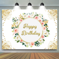 Lofaris Pink White Flral Gold Glitter Happy Birthday Backdrop