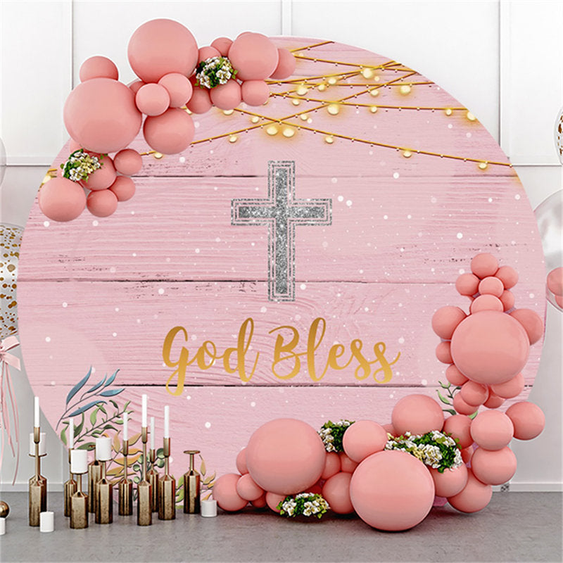 Lofaris Pink Wood Silver Glitter God Bless Baby Shower Backdrop