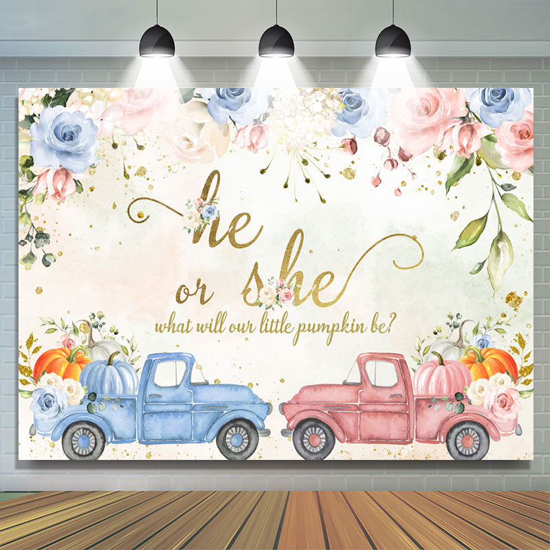 Lofaris Pumpkin Gender Reveal Truck Flower Baby Shower Backdrop