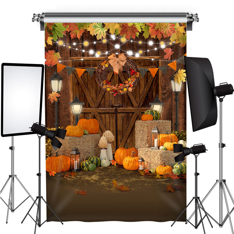 Lofaris Pumpkins and Wooden Door Maple Leafs Autumn Backdrop