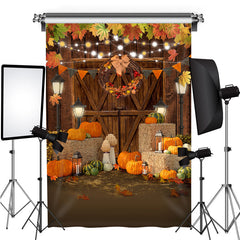 Lofaris Pumpkins and Wooden Door Maple Leafs Autumn Backdrop