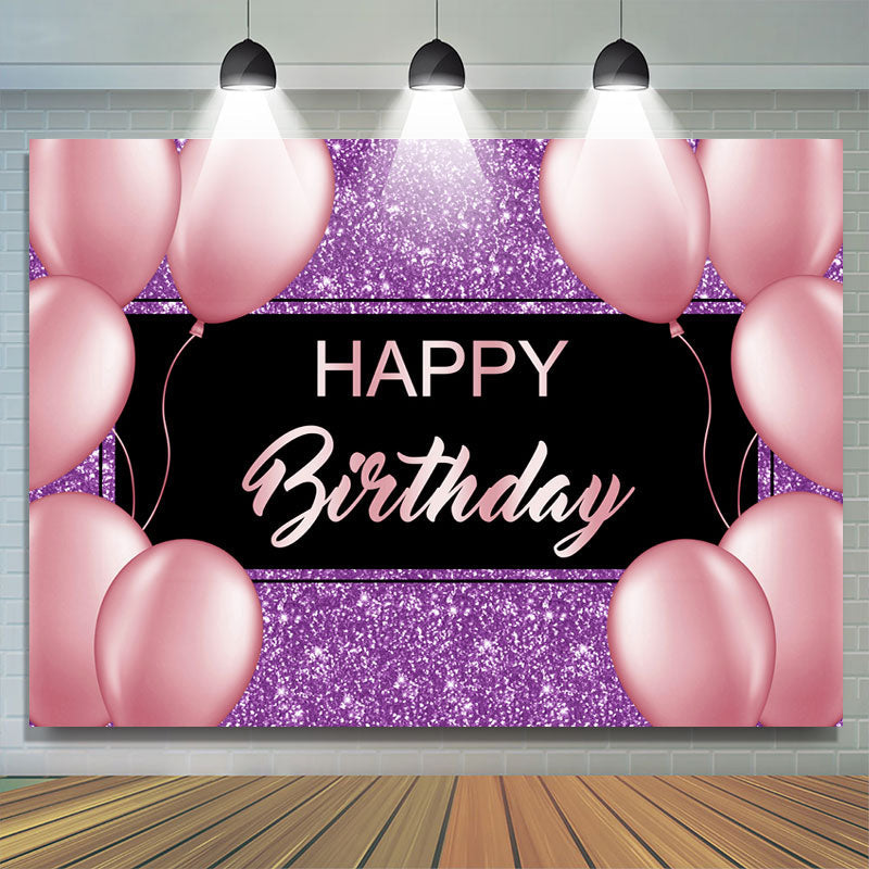 Lofaris Purple And Pink Glitter Balloon Happy Birthday Backdrop