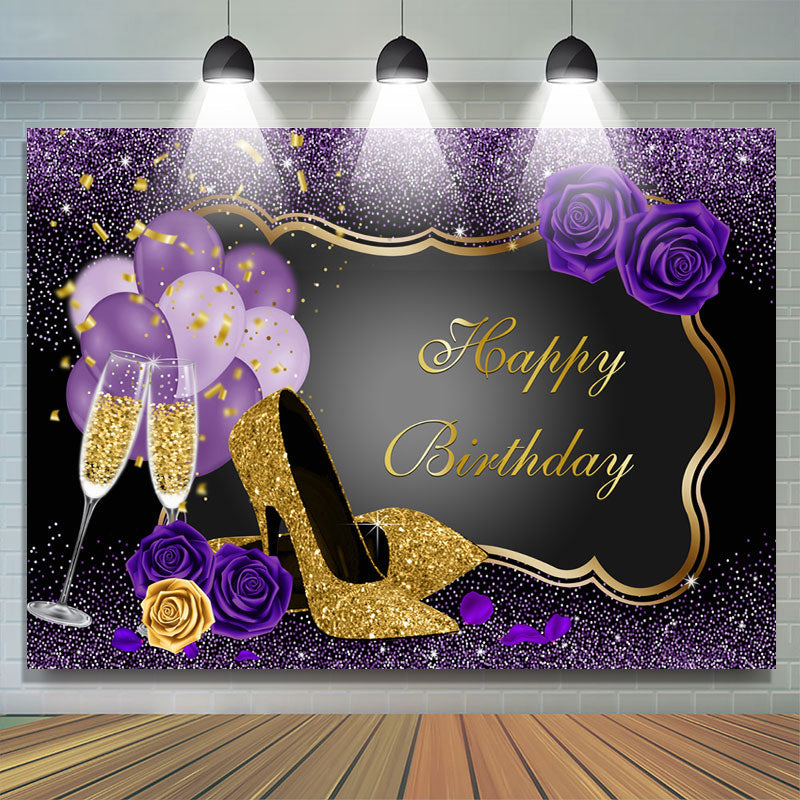 Lofaris Purple Balloons Rose Happy Birthday Backdrop For Girl