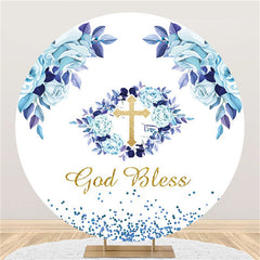 Lofaris Purple Blue Floral Gold God Bless Baby Shower Backdrop