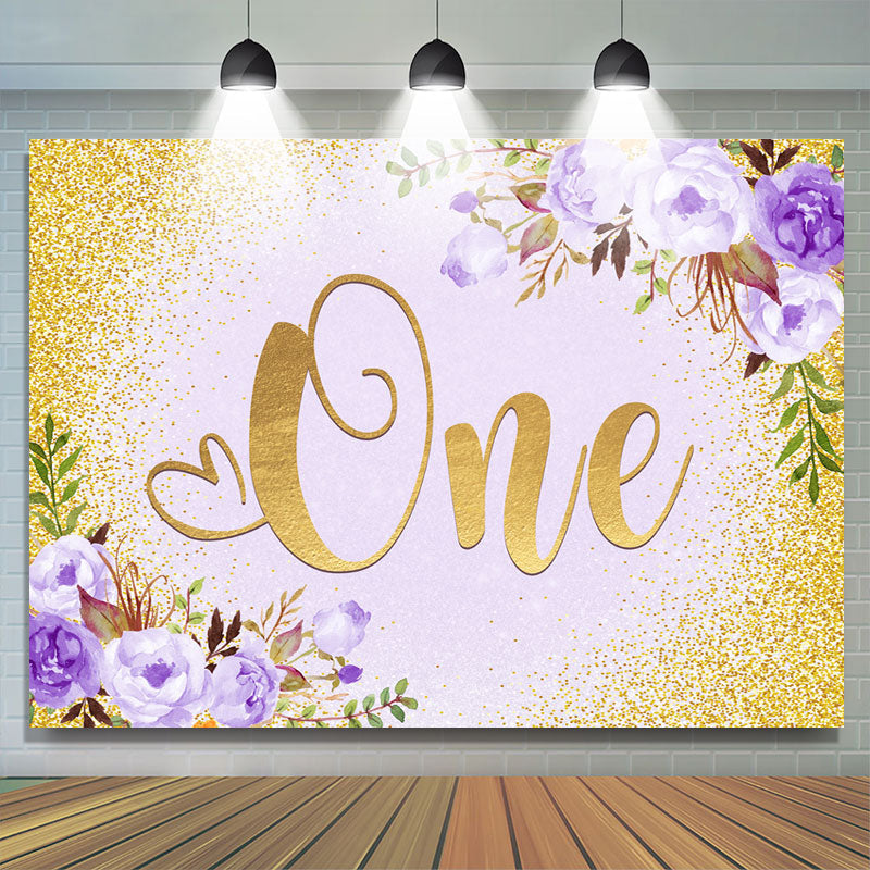 Lofaris Purple Floral And Gold Glitter 1st Birthday Backdrop