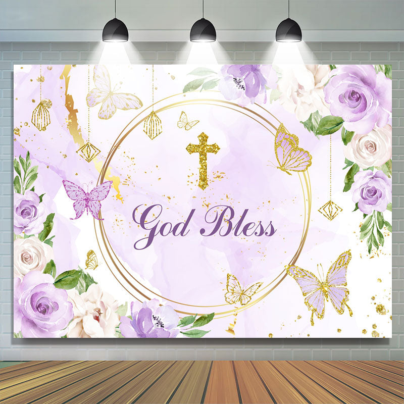 Lofaris Purple Floral Glitter God Bless Baby Shower Backdrop