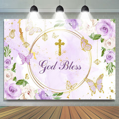 Lofaris Purple Floral Glitter God Bless Baby Shower Backdrop