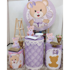 Lofaris Purple Floral Teddy Bear Round Baby Shower Backdrop Kit