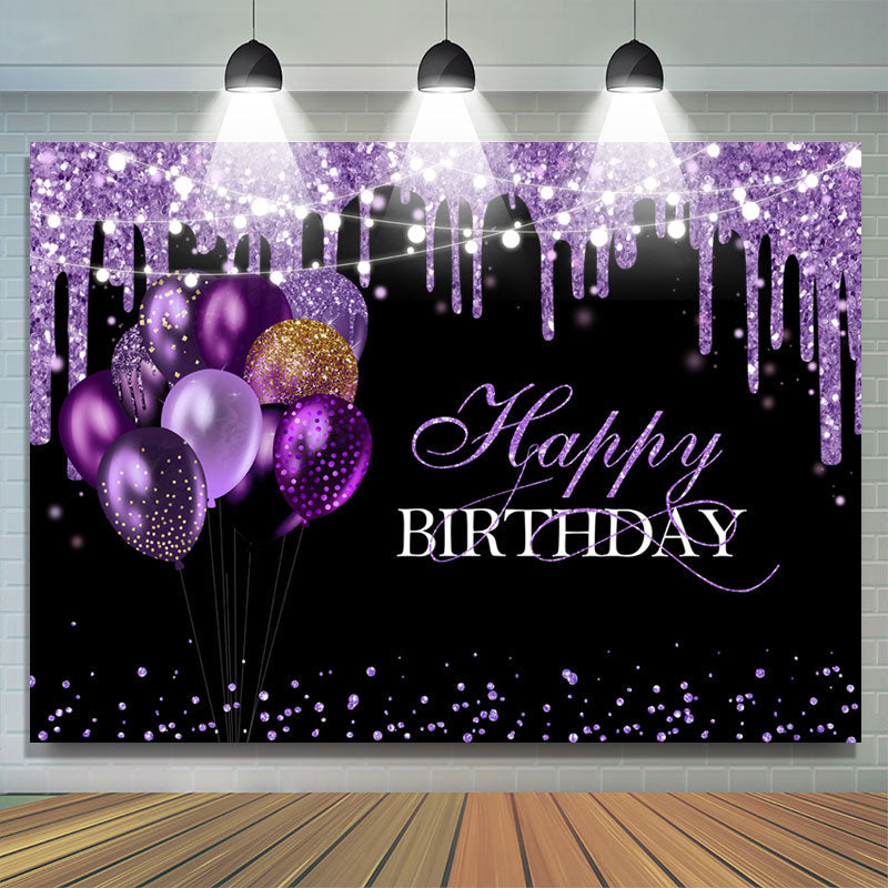 Lofaris Purple Glitter Balloons Black Happy Birthday Backdrop