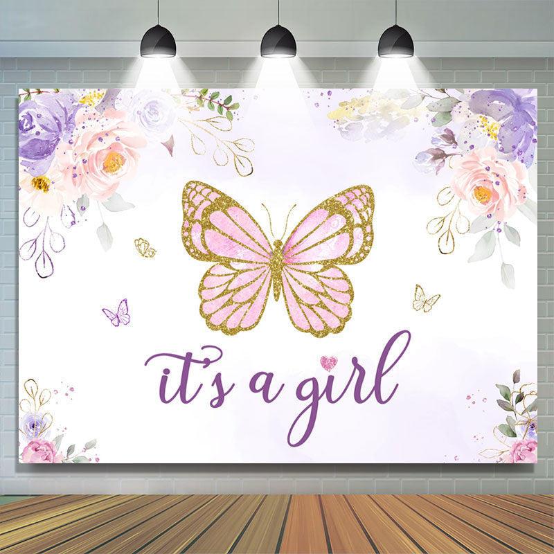 Lofaris Purple Pink Glitter Butterfly Floral Baby Shower Backdrop