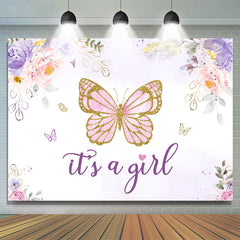 Lofaris Purple Pink Glitter Butterfly Floral Baby Shower Backdrop