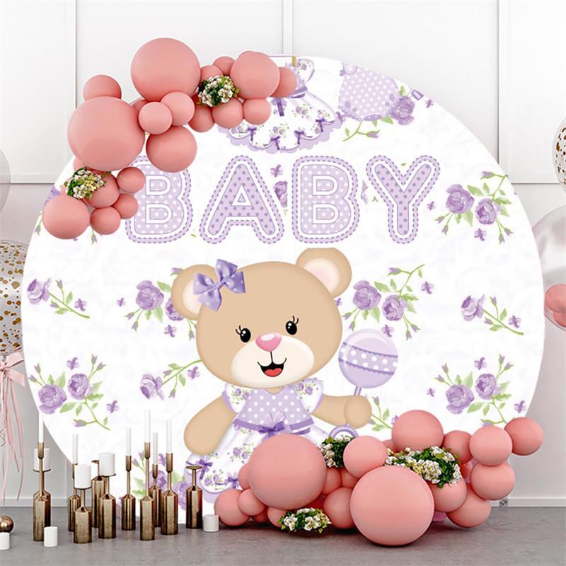 Lofaris Purple Teddy Bear And Floral Round Baby shower Backdrop