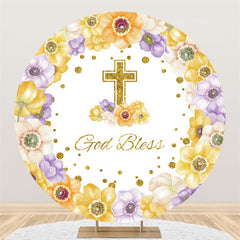 Lofaris Purple Yellow Floral Glitter Round Baby Shower Backdrop