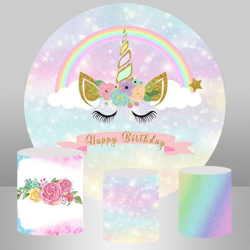 Lofaris Rainbow And Unicorn Round Girls Birthday Party Backdrop