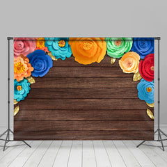 Lofaris Rainbow Paper Flower Brown Wood Dance Party Backdrop