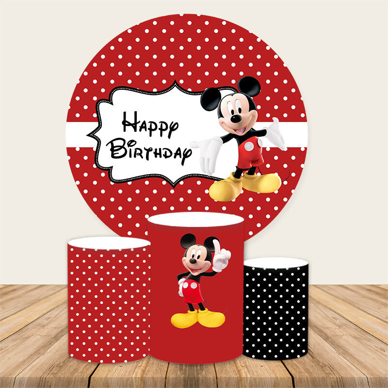 Lofaris Red And White Round Cartoon Mouse Birthday Backdrop Kit