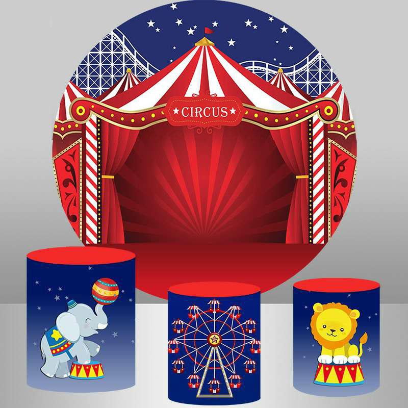 Lofaris Red Curtain Animal Elephant Tiger Round Birthday Backdrop