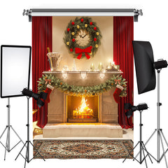 Lofaris Red Curtain House With Christmas Wreath Holiday Backdrop