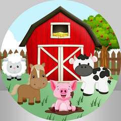 Lofaris Red Farm Cute Animals Round Kid Birthday Party Backdrop