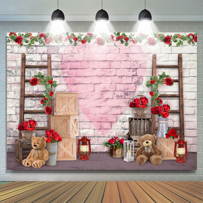 Lofaris Red Floral And Teddy Bear Brick Baby Shower Backdrop